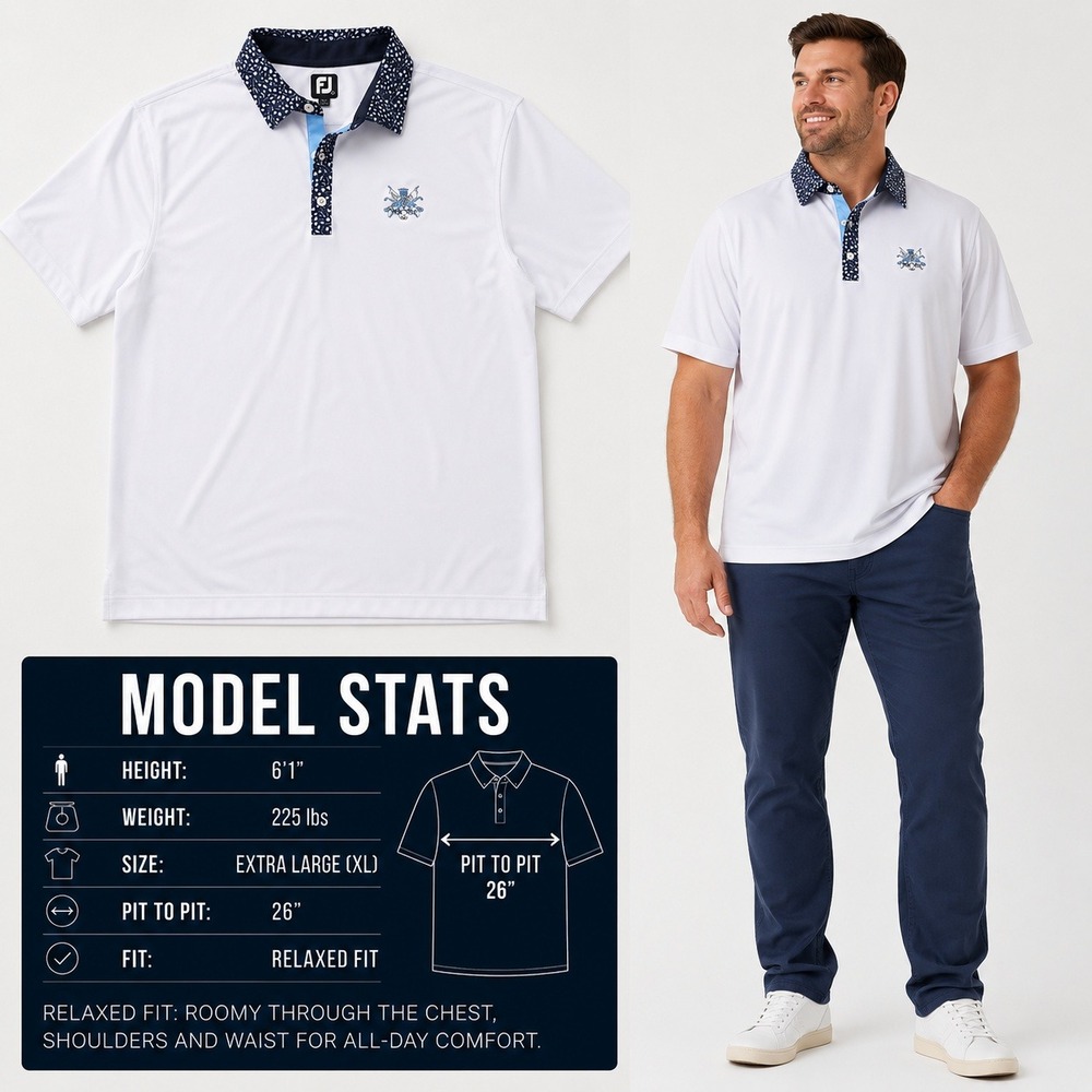 FootJoy Mens XL White Golf Polo Shirt Floral Collar Relaxed Fit Performance 889